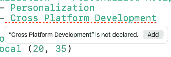 A screenshot of the map
    editor showing a popover warning about a missing
    node 'Cross Platform Development' and a button to add